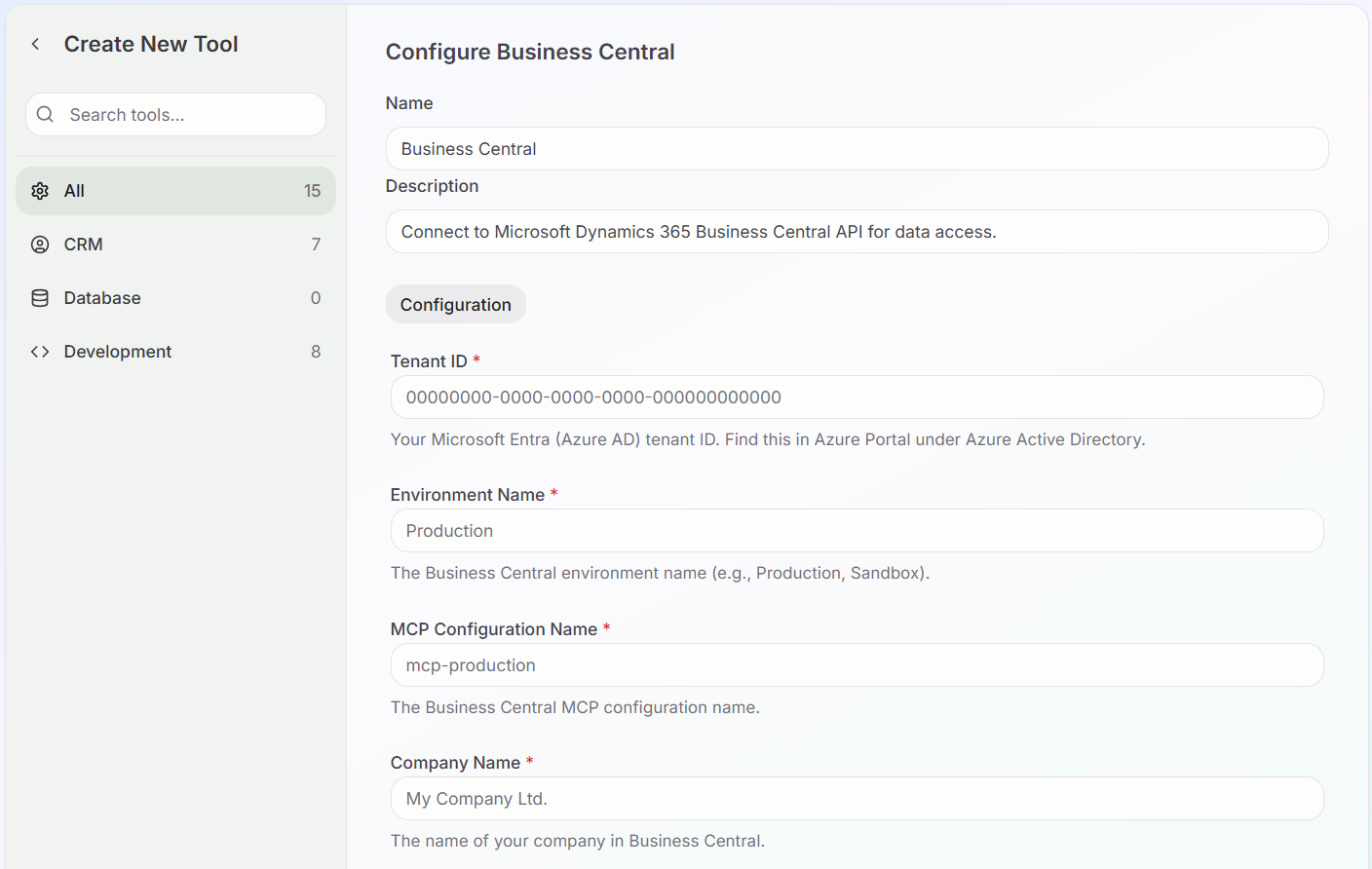 Business Central Tool Configuration in nunq